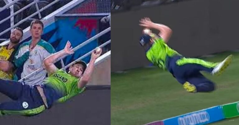 Wow what is fielding, jumped in the air and stopped the dangerous six, the spectators are surprised