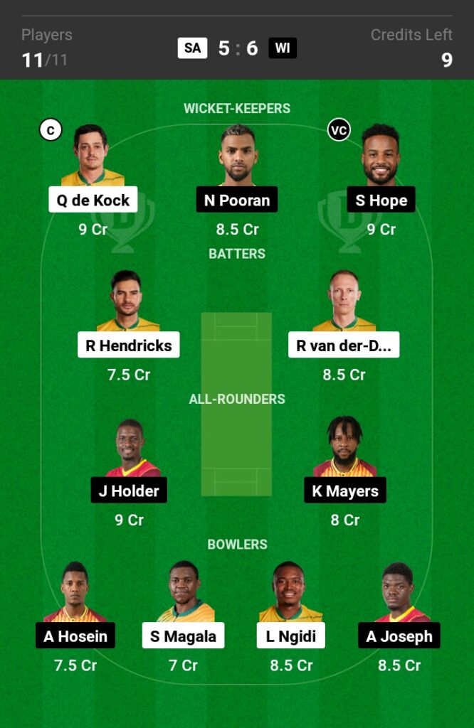 RSA vs WI Dream11 Prediction in Hindi