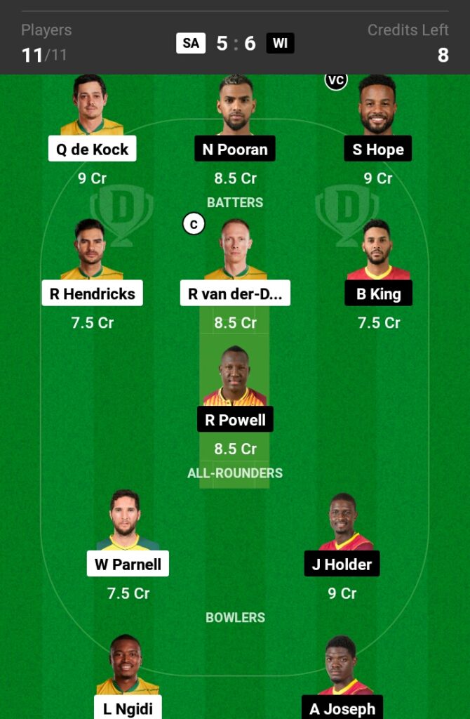 RSA vs WI Dream11 Prediction in Hindi