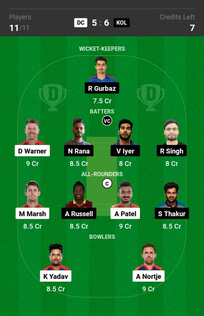 DC vs KKR Dream11 Prediction in Hindi