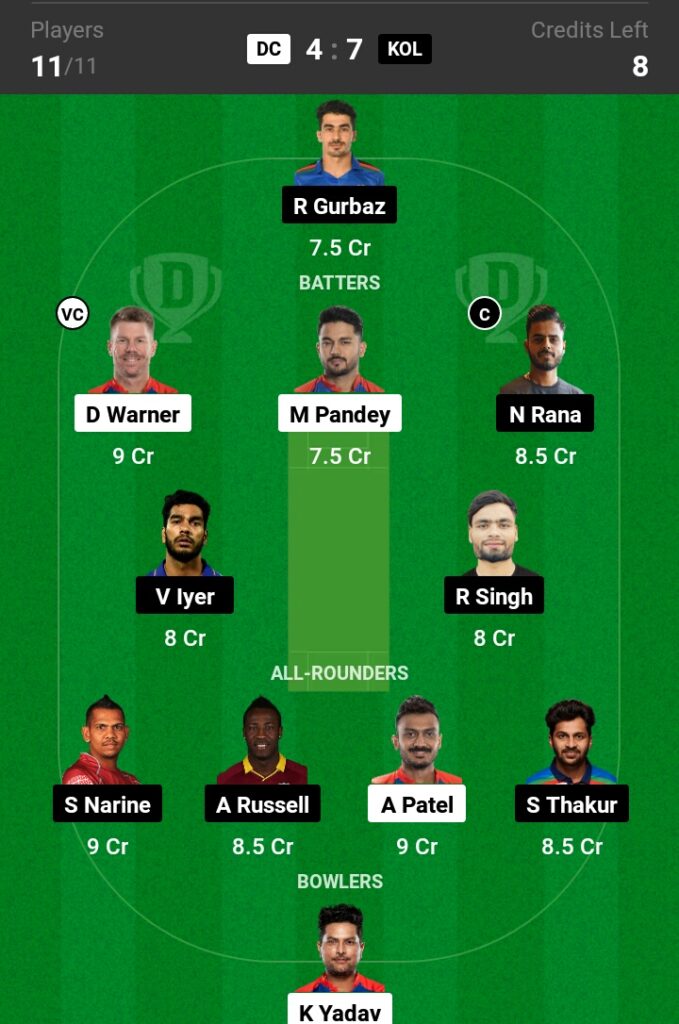 DC vs KKR Dream11 Prediction in Hindi