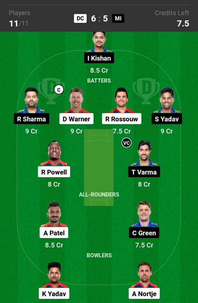 DC vs MI Dream11 Prediction in Hindi