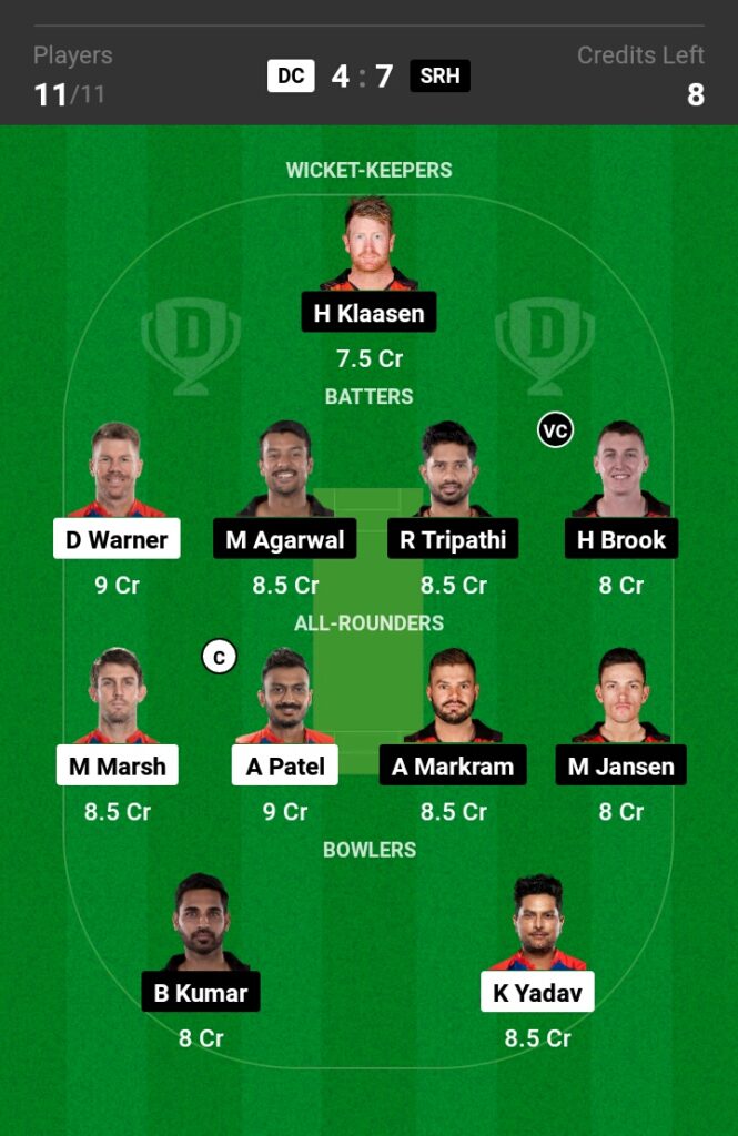 DC vs SRH Dream11 Prediction in Hindi