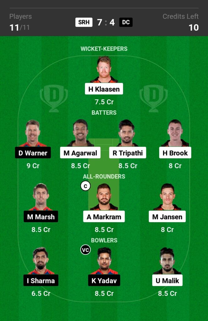 SRH vs DC Dream11 Prediction in Hindi,