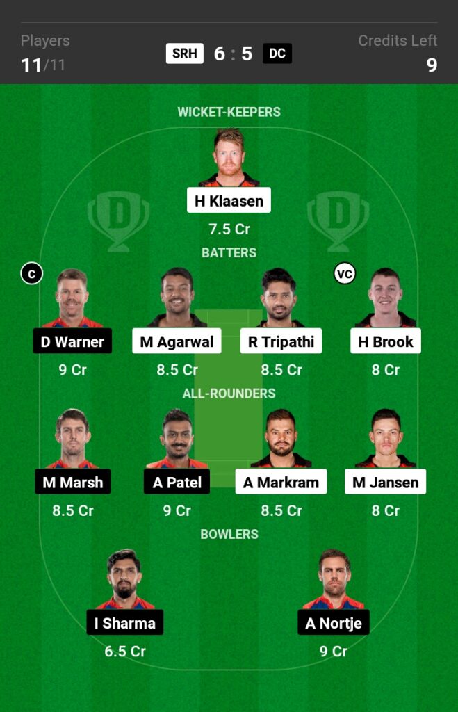 SRH vs DC Dream11 Prediction in Hindi,