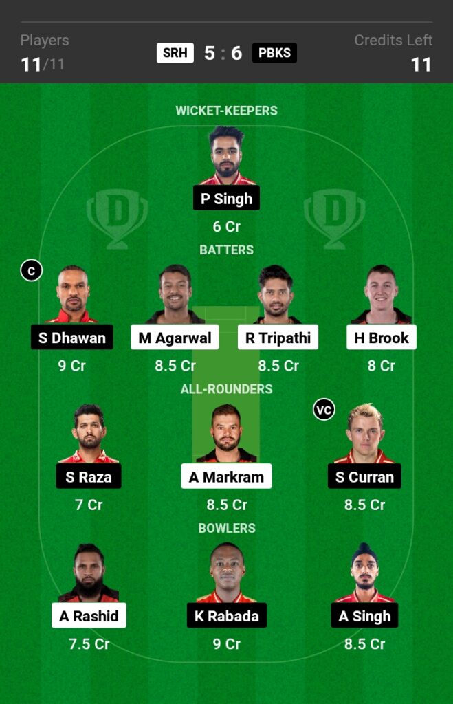 SRH vs PBKS Dream11 Prediction in Hindi