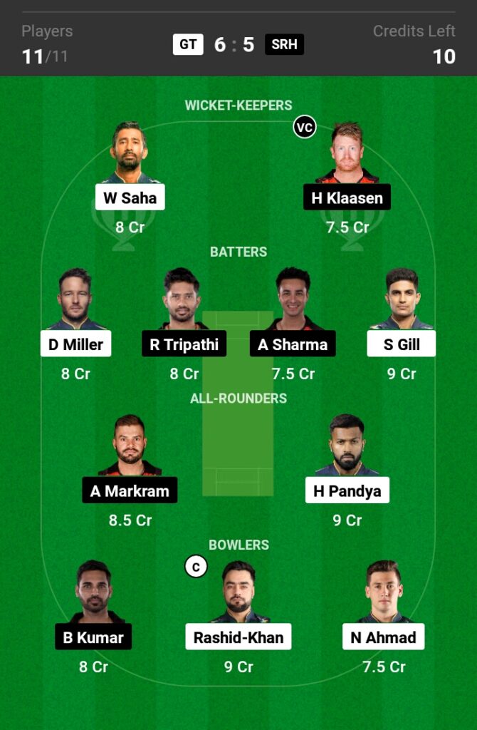 GT vs SRH Dream11 Prediction in Hindi