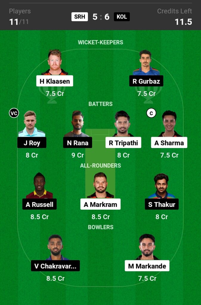 SRH vs KKR Dream11 Prediction 