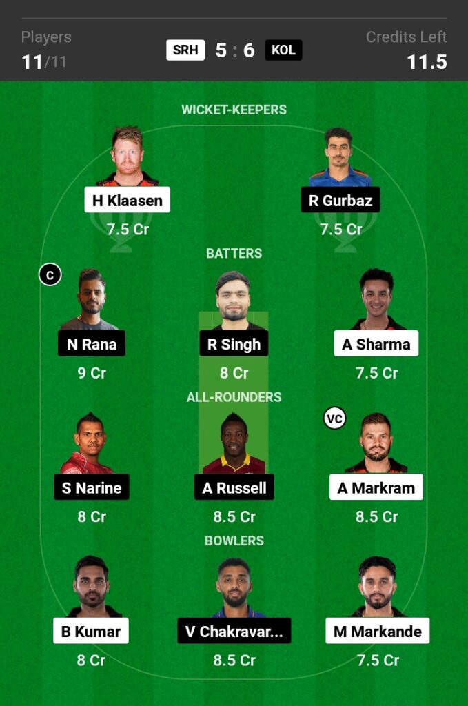 SRH vs KKR Dream11 Prediction 