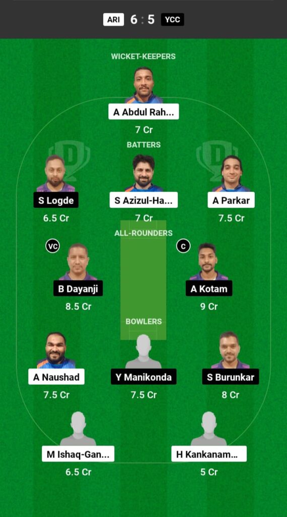 ARI vs YCC Dream11