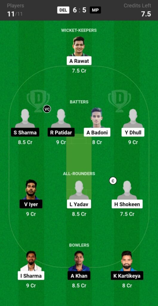 DEL vs MP Dream11