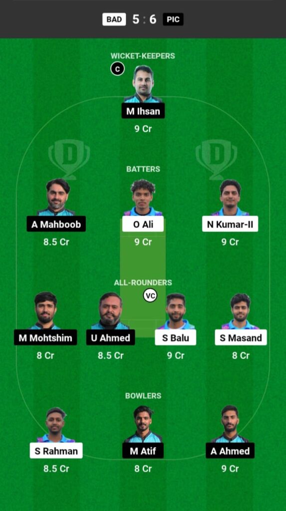 BAD vs PIC Dream11