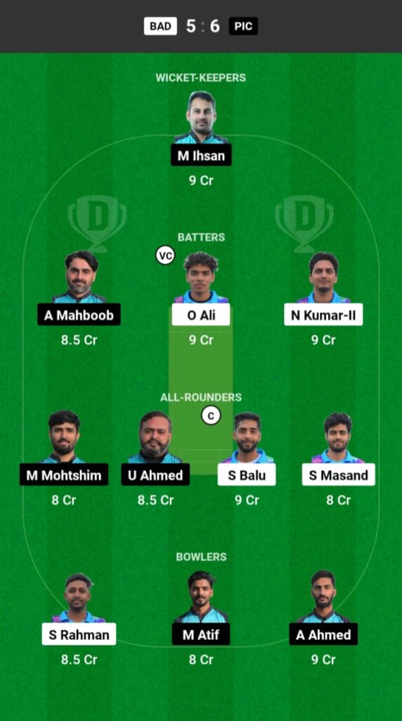 BAD vs PIC Dream11