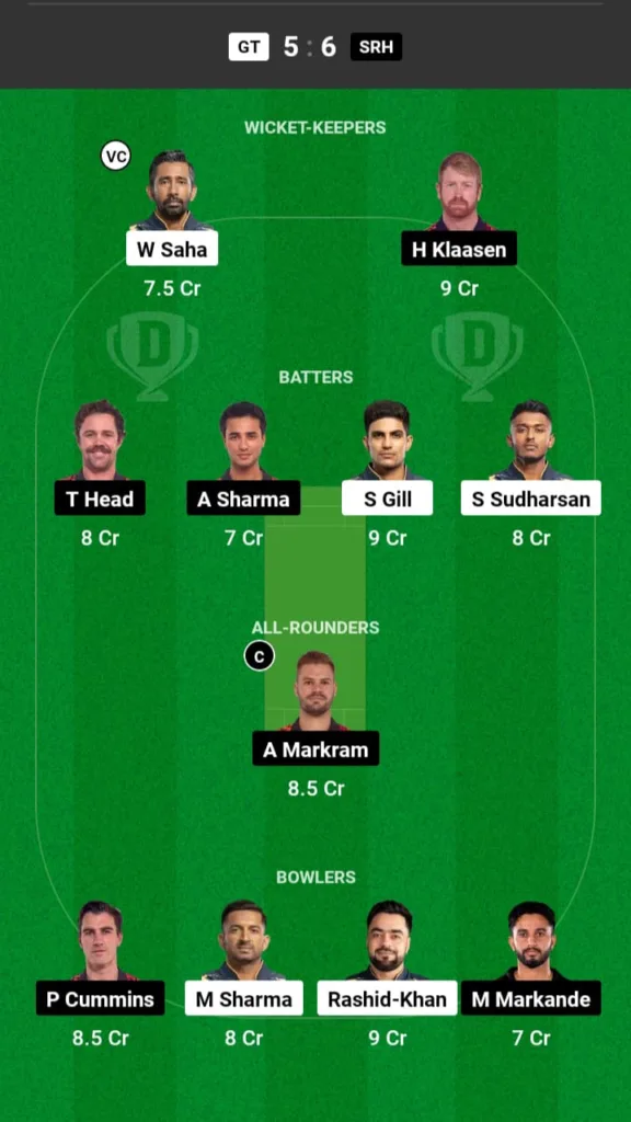 GT vs SRH Dream11