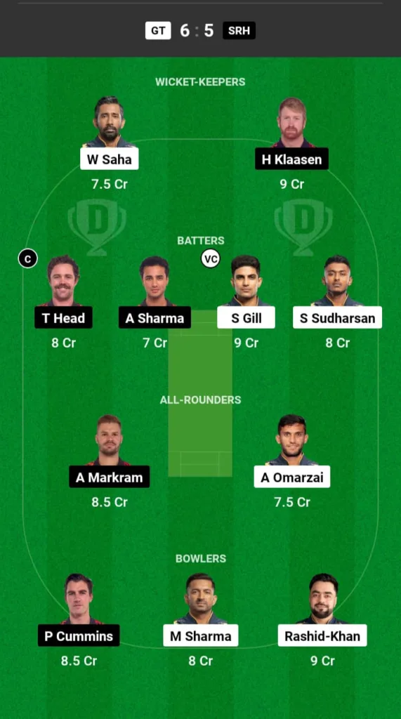 GT vs SRH Dream11