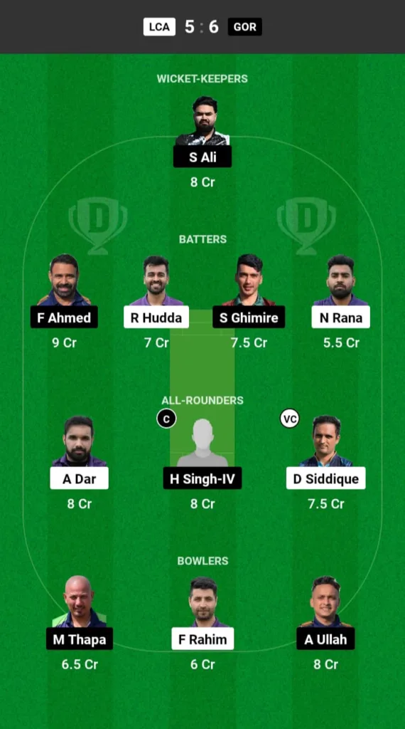 LCA vs GOR Dream11