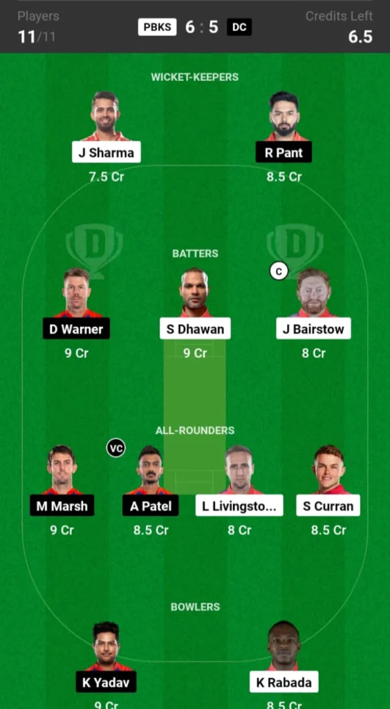 PBKS vs DC Dream11