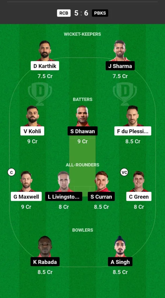 RCB vs PBKS Dream11