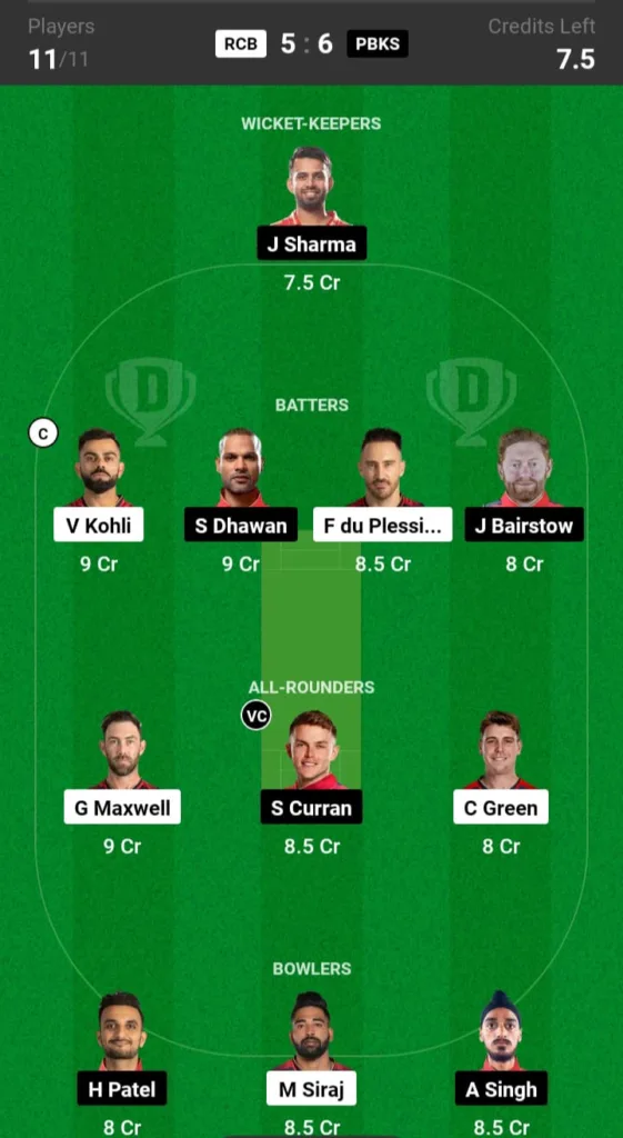 RCB vs PBKS Dream11