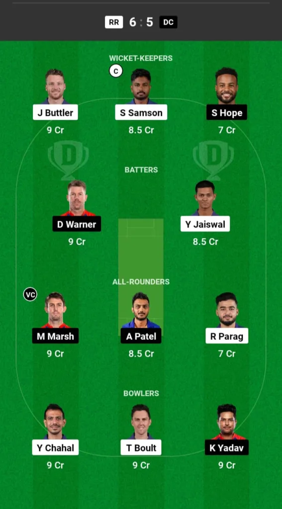 RR vs DC Dream11