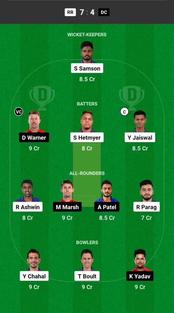 RR vs DC Dream11