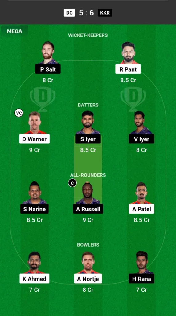 DC vs KKR Dream11