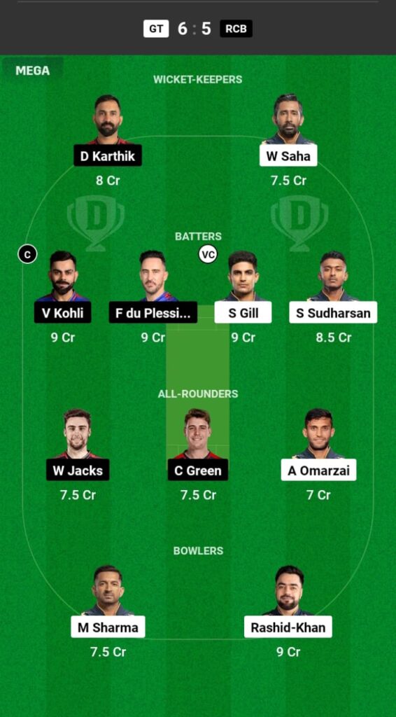 GT vs RCB Dream11 