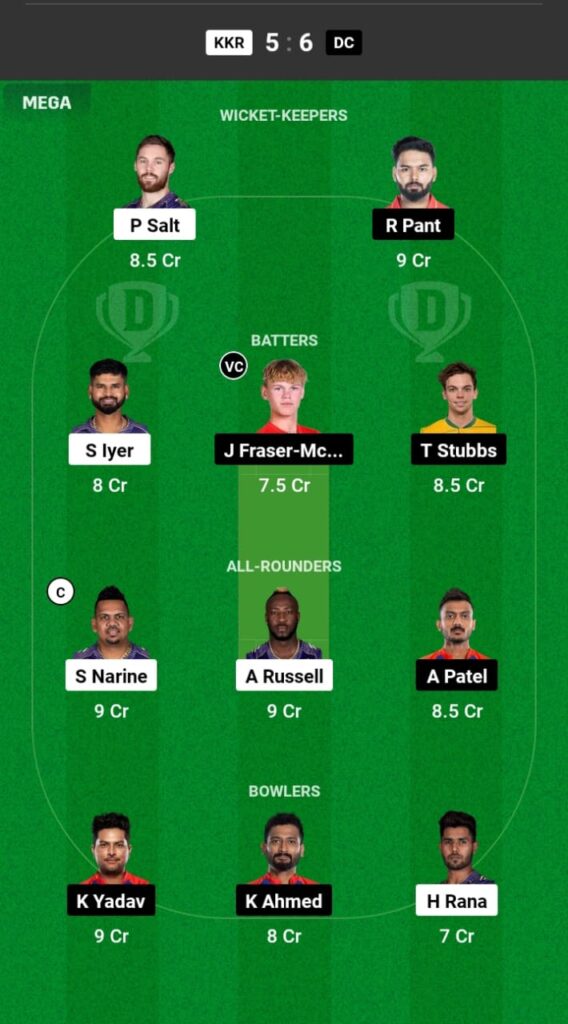 KKR vs DC Dream11