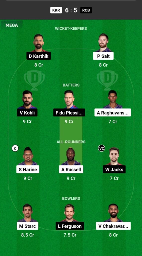 KKR vs RCB Dream11