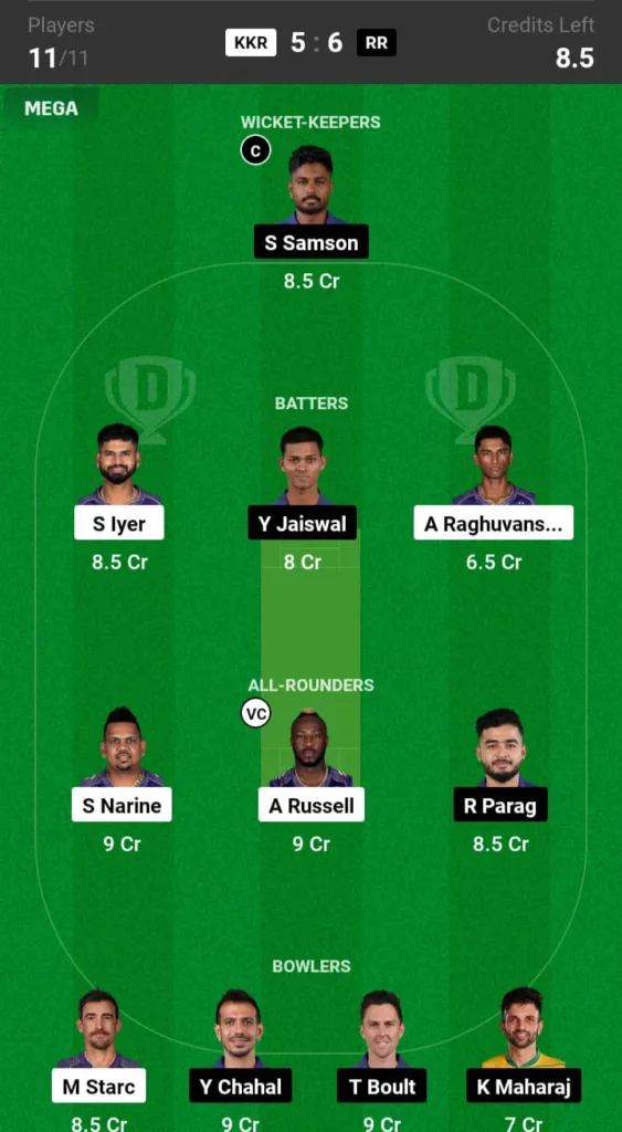 KKR vs RR Dream11