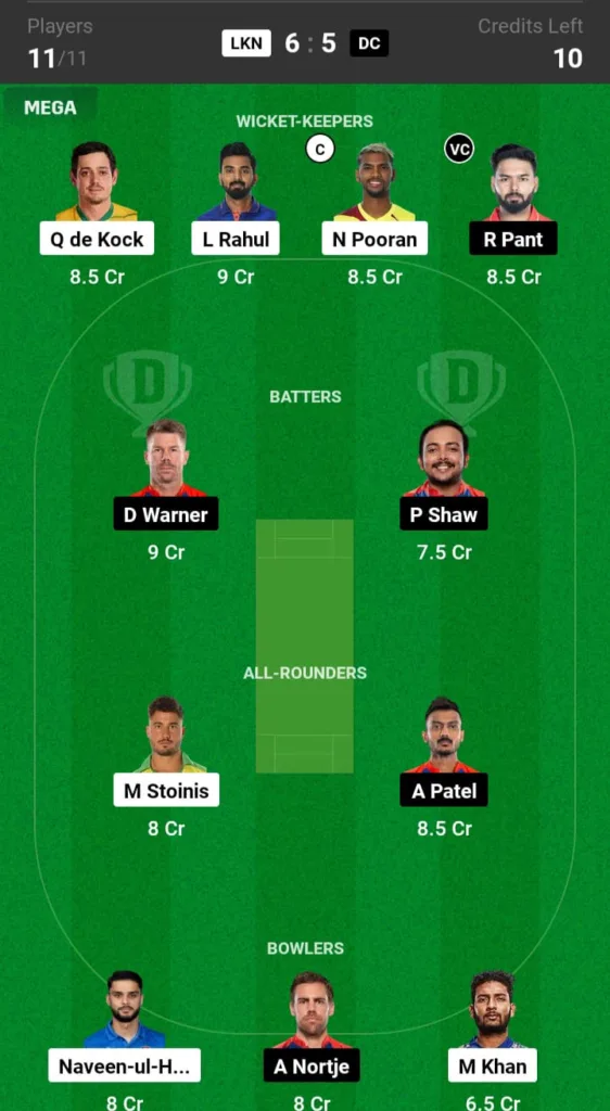 LSG vs DC Dream11