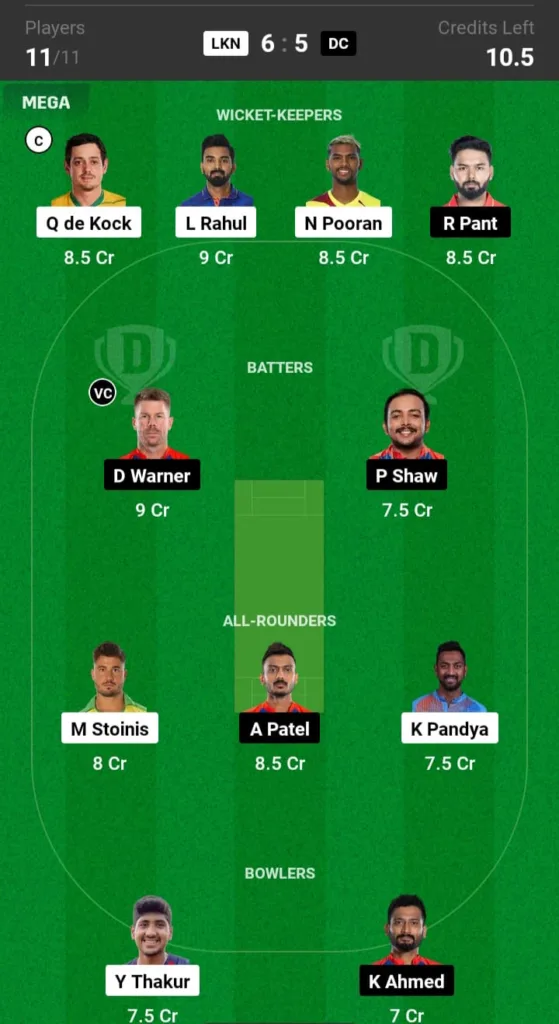 LSG vs DC Dream11