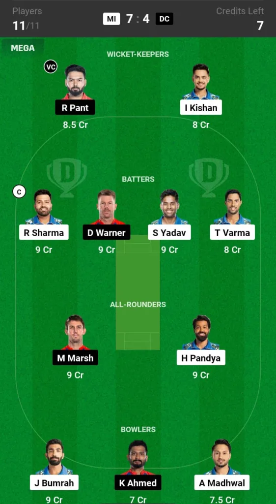 MI vs DC Dream11