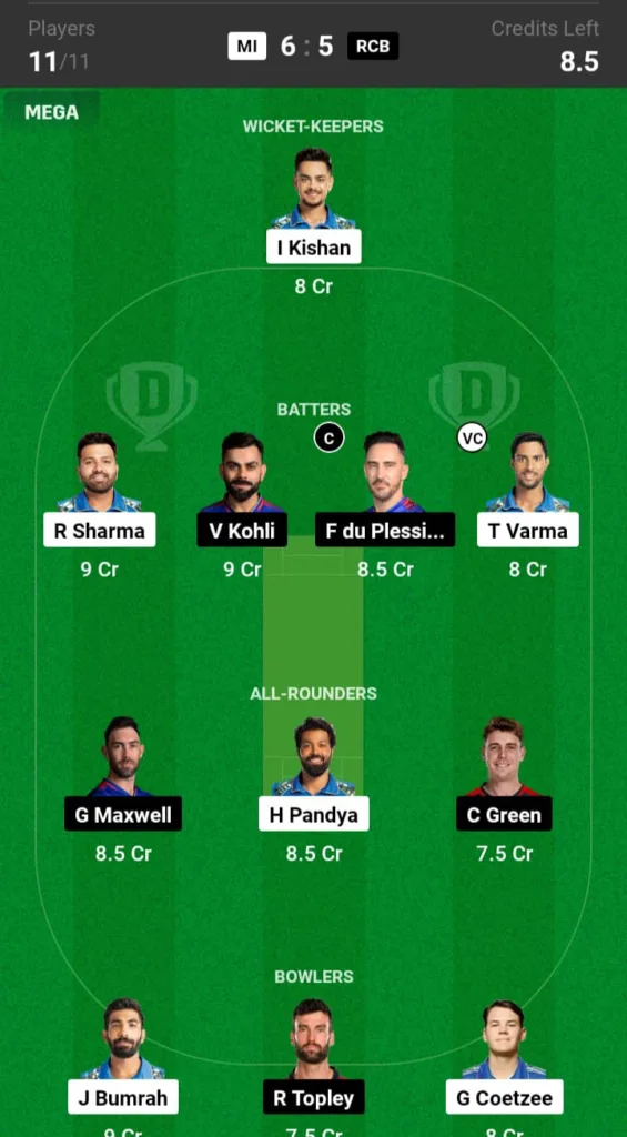 MI vs RCB Dream11