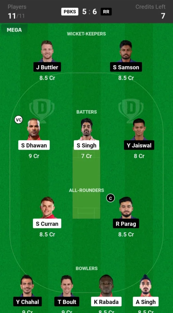 PBKS vs RR Dream11