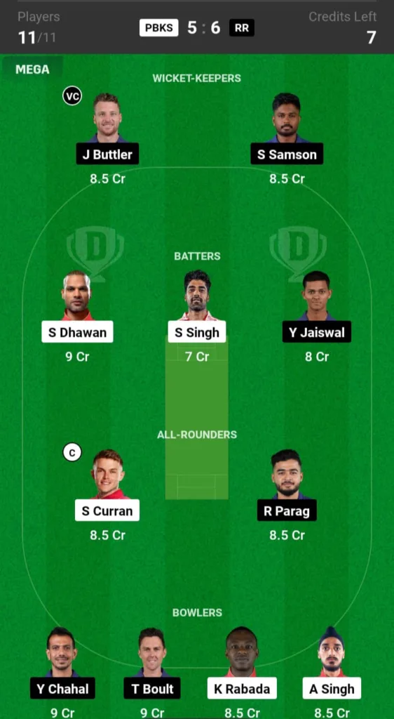 PBKS vs RR Dream11