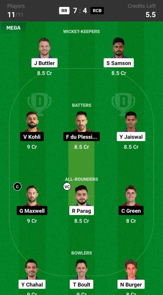 RR vs RCB Dream11