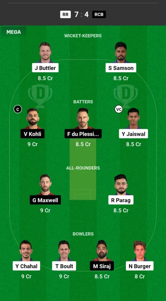 RR vs RCB Dream11