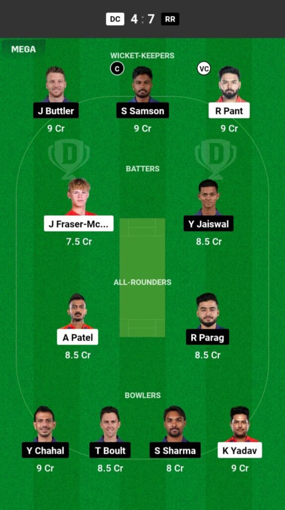 DC vs RR Dream11