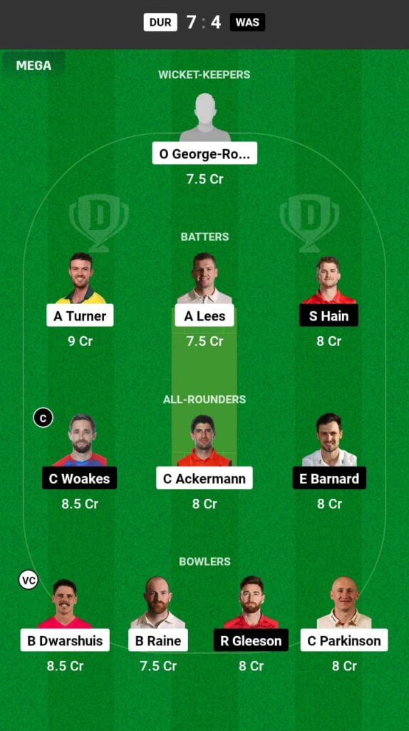 DUR vs WAS Dream11