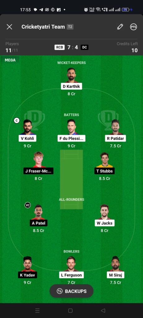 RCB vs DC Dream 11 Team 2