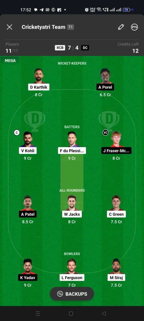 RCB vs DC Dream 11 Team