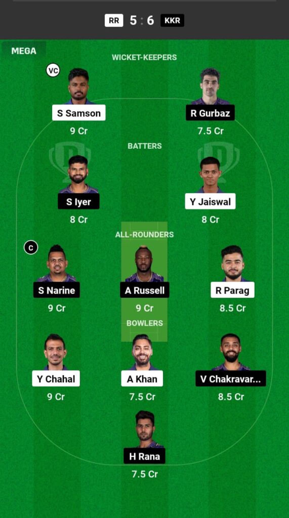 RR vs KKR Dream11