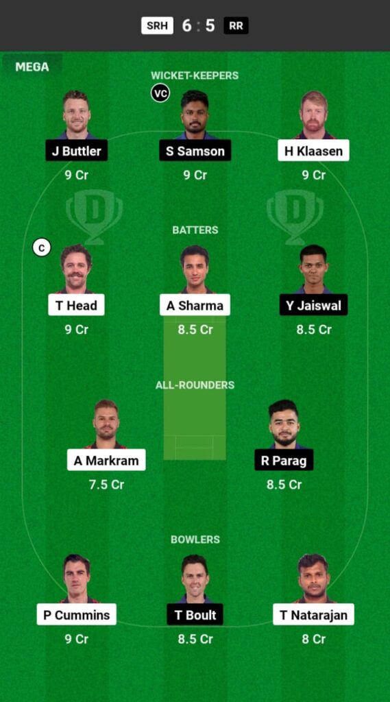 SRH vs RR Dream11 