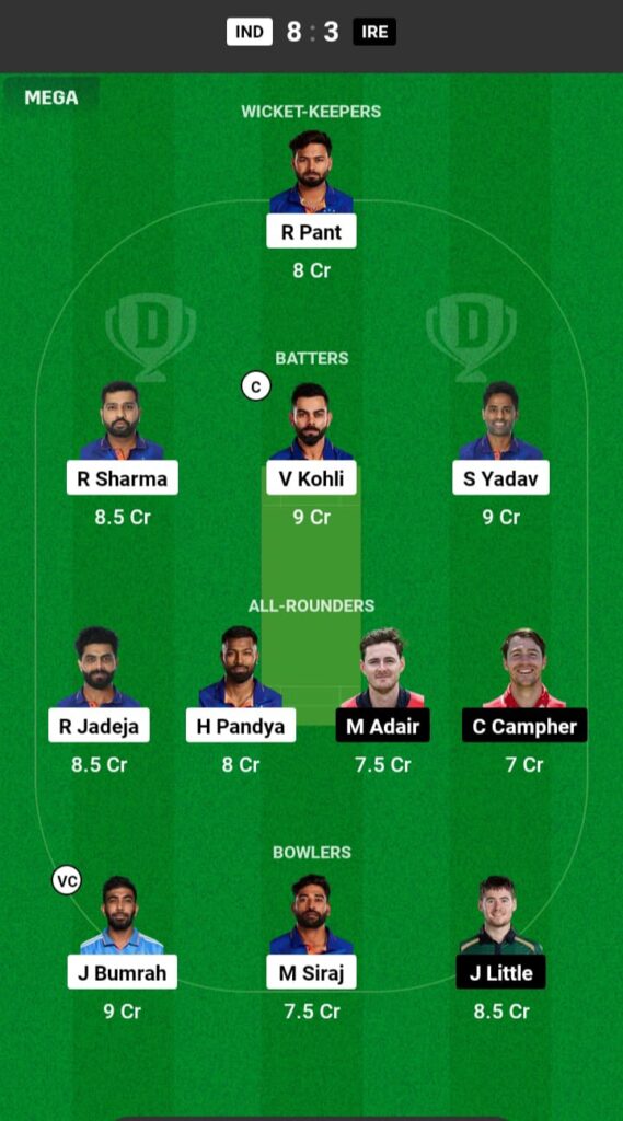 IND vs IRE Dream11