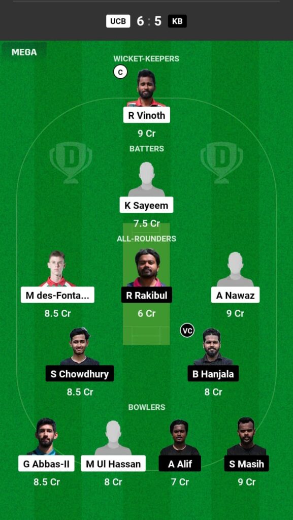 UCB vs KB Dream11