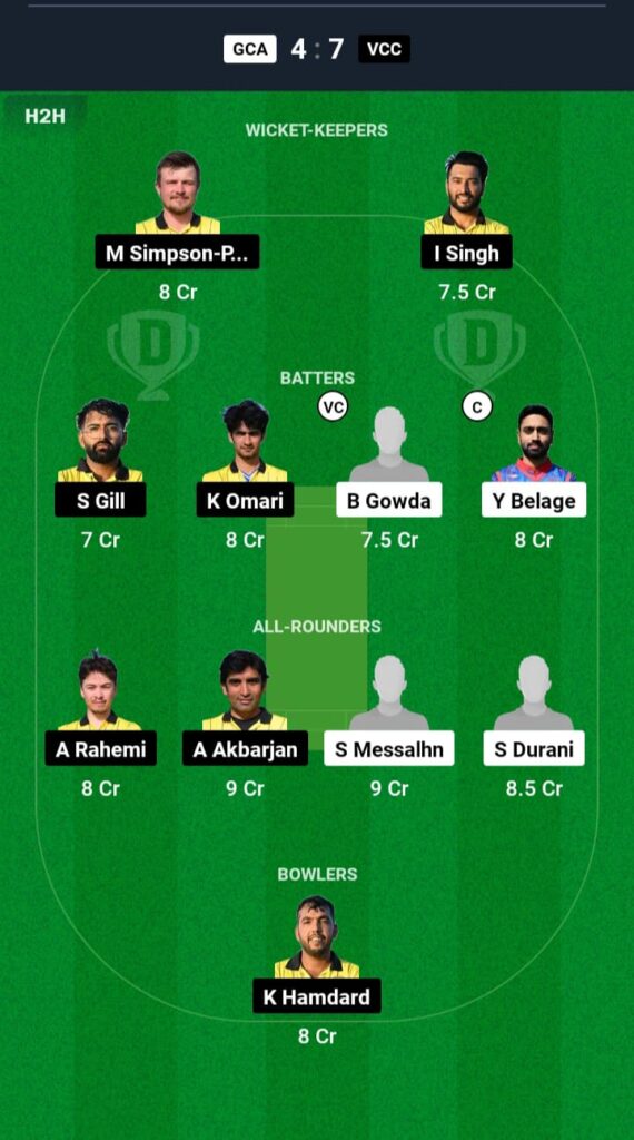 GCA vs VCC Dream11