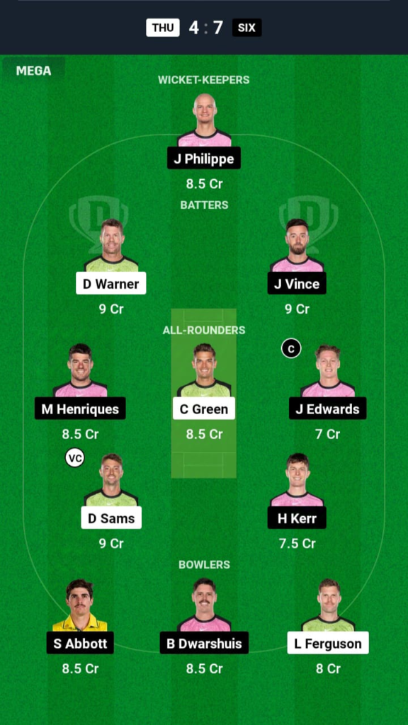 THU vs SIX Dream11