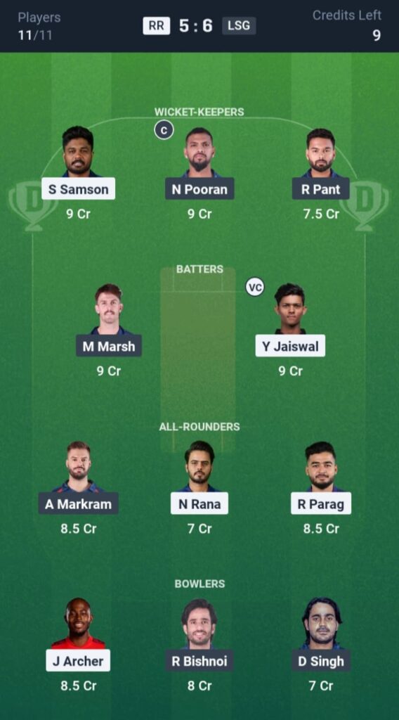 RR vs LSG Dream11