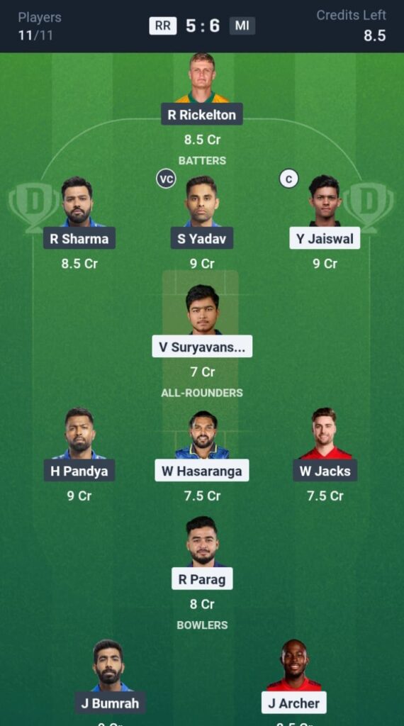 RR vs MI Dream11